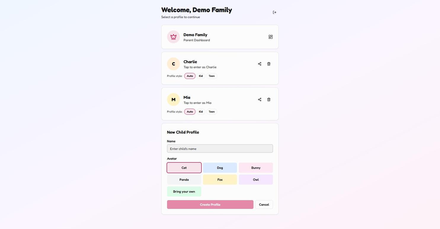 New Child Profile form with a name field and avatar choices