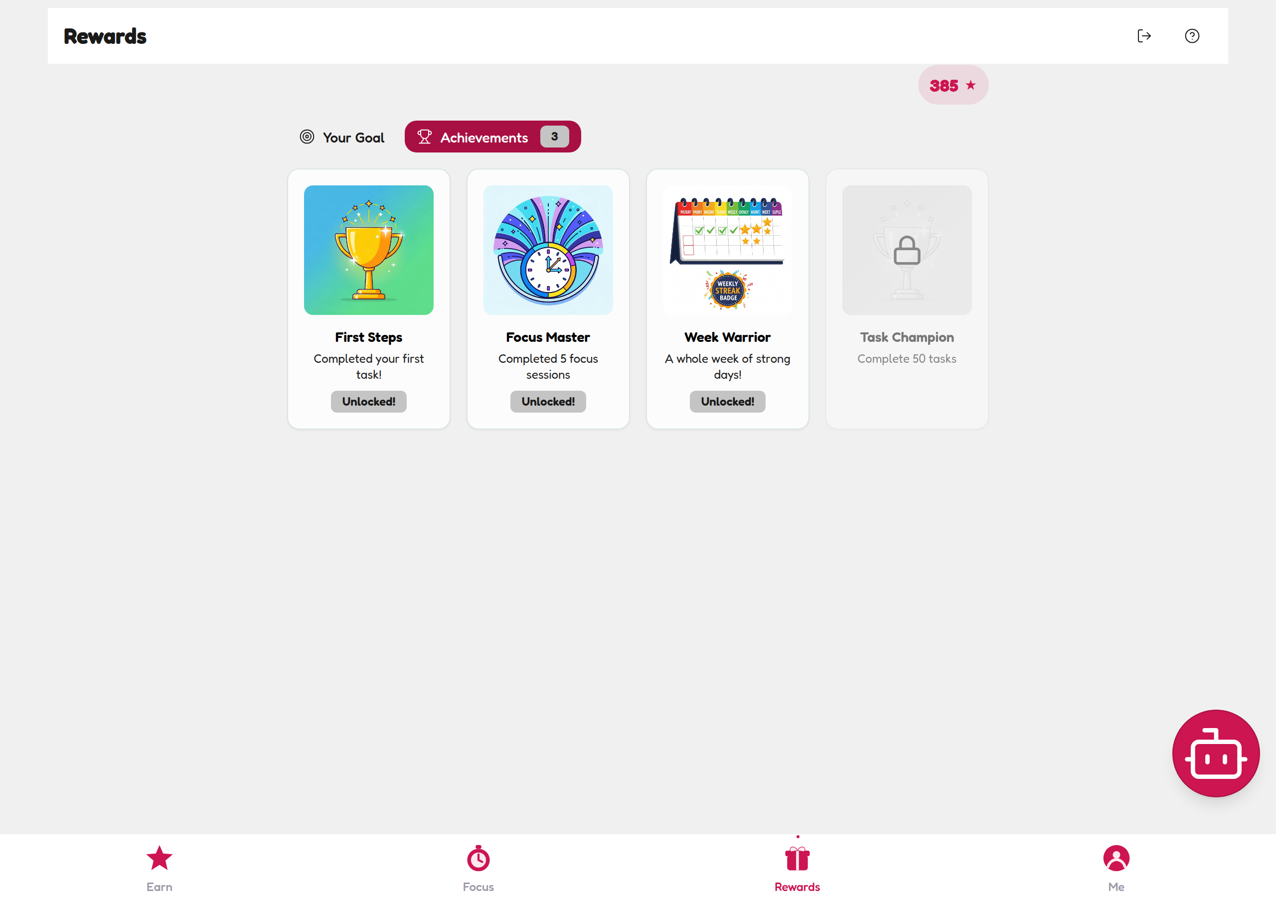 The KidsFocus Achievements tab showing badge cards for First Steps, Focus Master and Week Warrior marked Unlocked, and Task Champion still locked behind completing 50 tasks