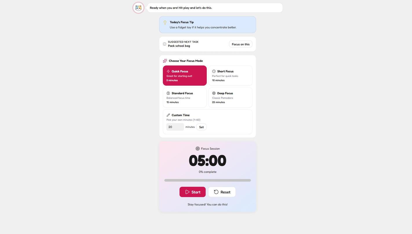 The KidsFocus Focus tab showing today's focus tip, a suggested next task of Pack school bag with a Focus on this button, four focus modes from 5 to 25 minutes plus a custom time option, and a large 05:00 session timer