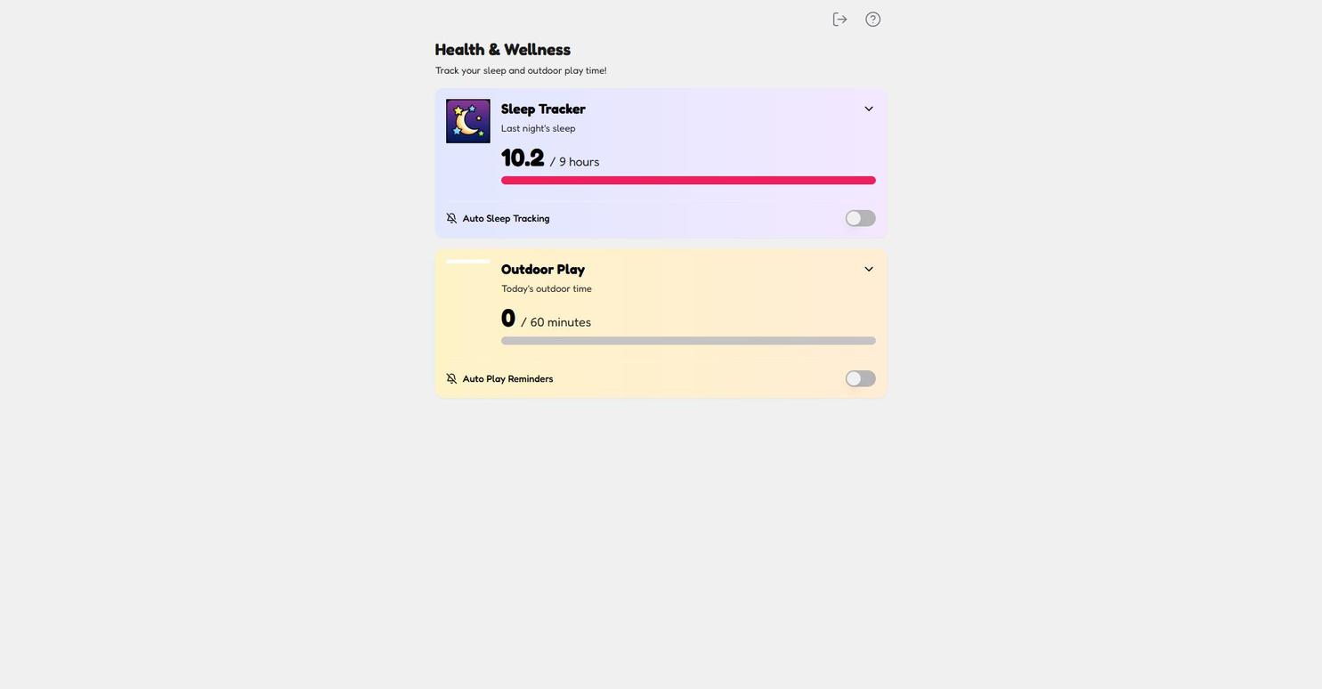 The KidsFocus Health and Wellness tab showing a Sleep Tracker at 10.2 of 9 hours with a full pink progress bar, and an Outdoor Play tracker at 0 of 60 minutes, each with auto-tracking toggles