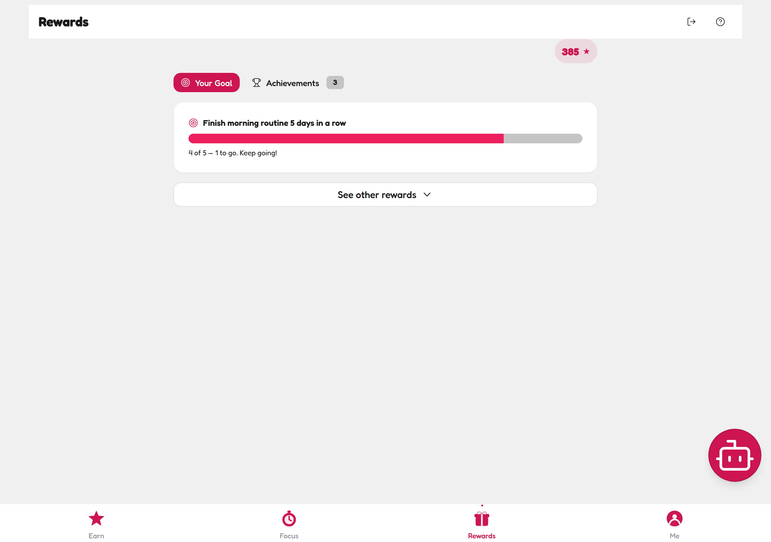 The KidsFocus child Rewards tab showing a 385 Stars balance, the Your Goal progress bar at 4 of 5 for finishing the morning routine 5 days in a row, and the Rewards Shop with four custom rewards from parent, each with a pink Redeem button