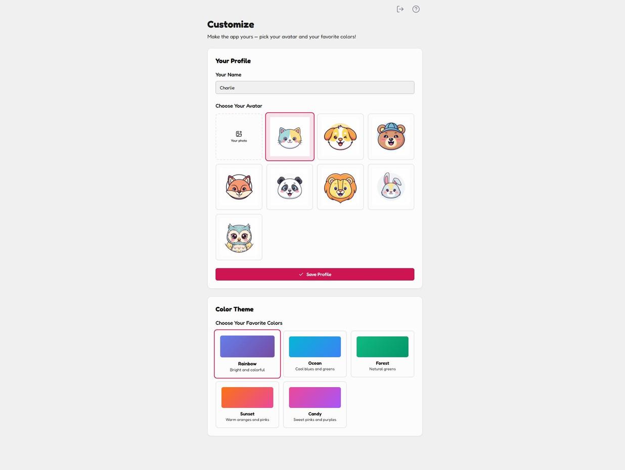 KidsFocus Customize page showing animal avatars and colour themes