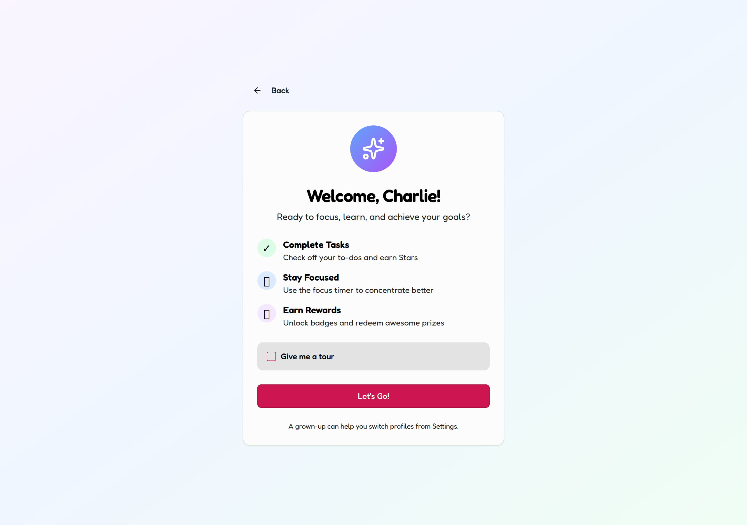 The KidsFocus welcome screen for a child named Charlie, showing Complete Tasks, Stay Focused and Earn Rewards, a Give me a tour checkbox and a Let's Go button