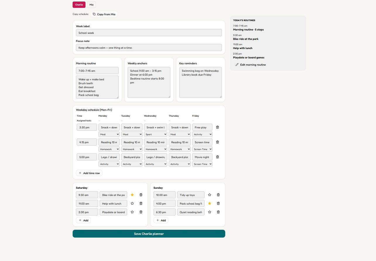 The KidsFocus parent Weekly Planner showing the week label, focus note, morning routine, weekly anchors, key reminders, the Monday to Friday schedule grid, and the Today's Routines panel