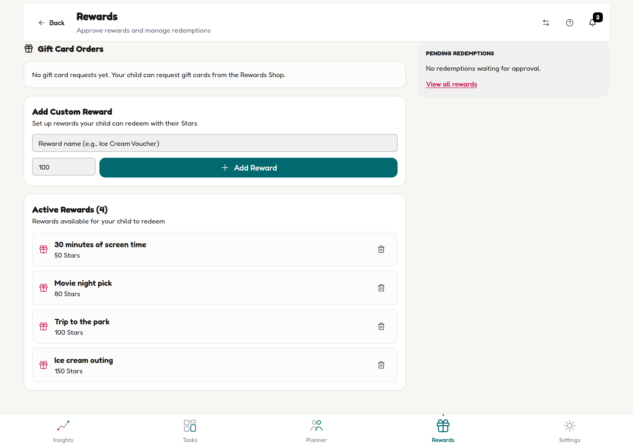 The KidsFocus parent Rewards tab showing Gift Card Orders, the Add Custom Reward form, the Active Rewards list and the Pending Redemptions panel