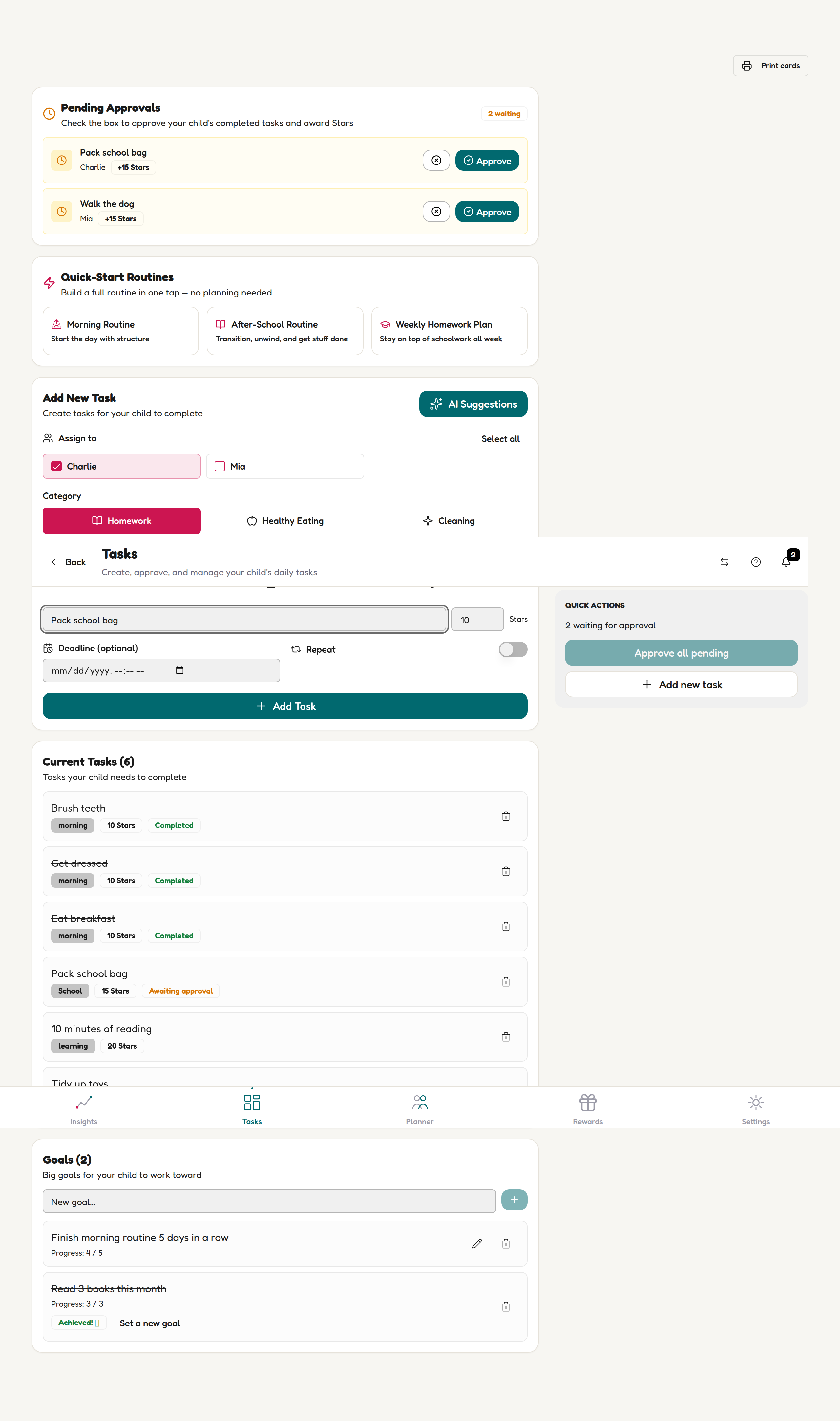 Parent Tasks page showing Quick-Start Routines and the Morning Routine option