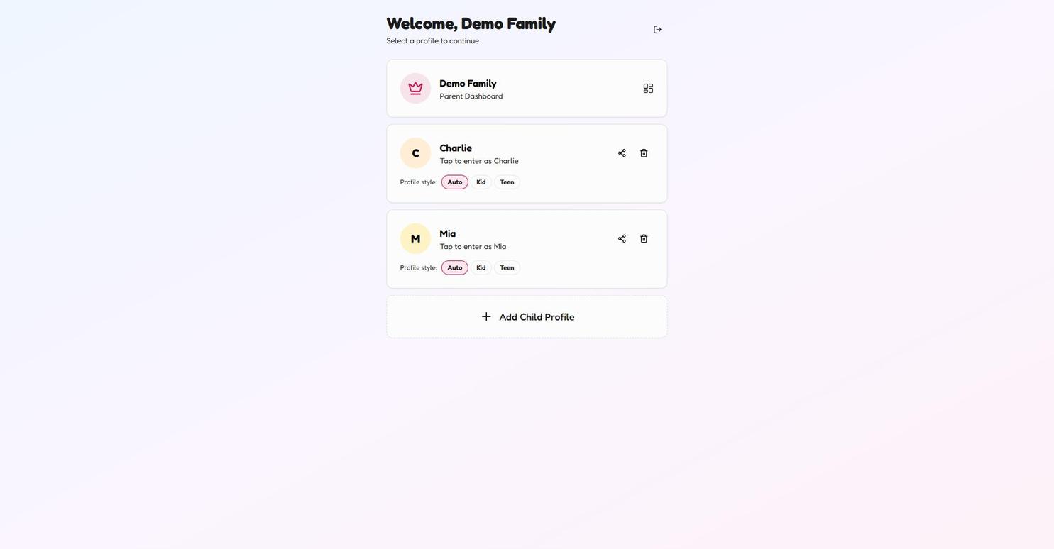 KidsFocus profile screen with the Demo Family Parent Dashboard card at the top and child profiles for Charlie and Mia below