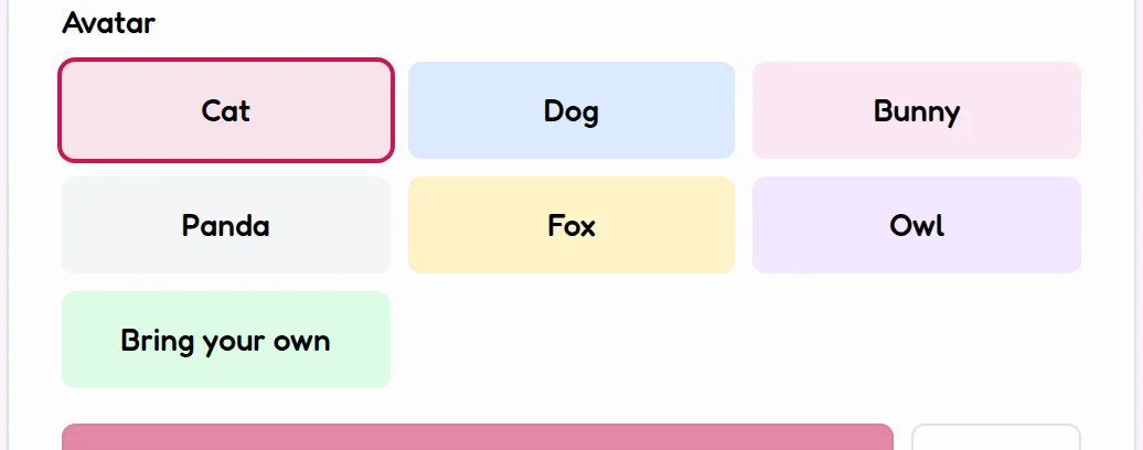 The avatar picker in the New Child Profile form showing the animal avatar options and a Bring your own upload option
