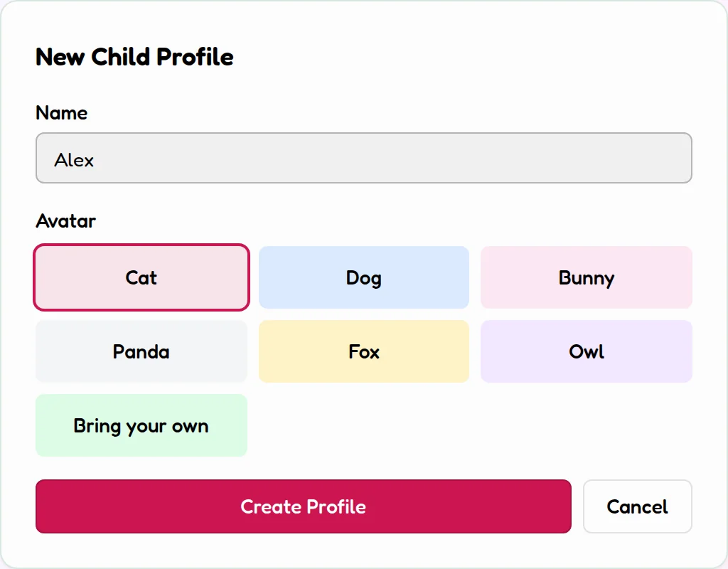 The completed New Child Profile form with a name entered, an avatar selected and the Create Profile button