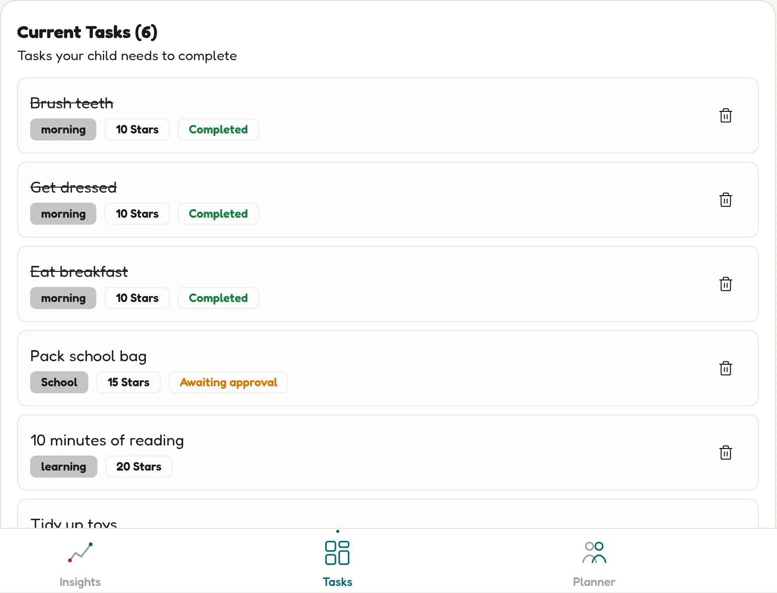 The Current Tasks list on the parent Tasks tab showing the child's tasks with delete icons