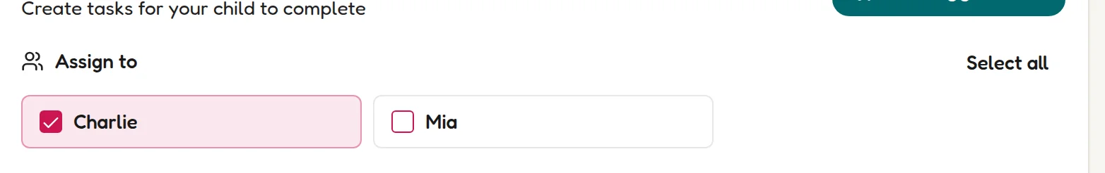 The assignment checkboxes in the Add New Task form showing Charlie and Mia ticked, with a Select all option