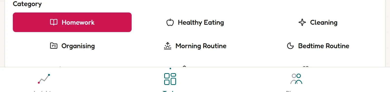 The nine category pills in the Add New Task form: Homework, Healthy Eating, Cleaning, Organising, Morning Routine, Bedtime Routine, School, Home and Health
