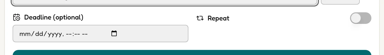 The deadline date field and repeat toggle in the Add New Task form