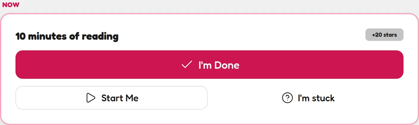 The NOW card on the child Earn tab showing one current task with its star value and action buttons