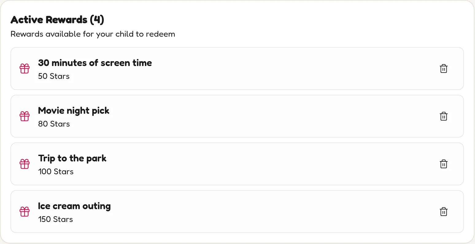 The Active Rewards list showing custom rewards with their Stars costs and delete icons