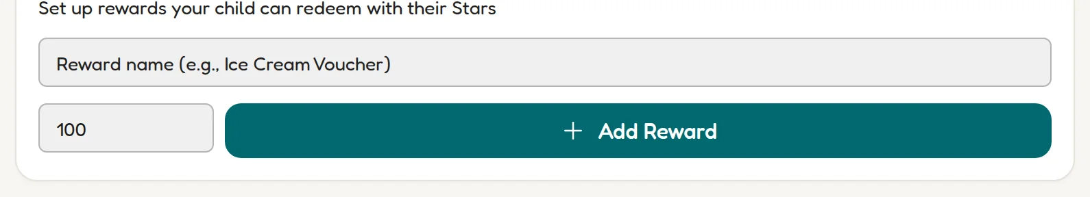 The Add Custom Reward form with a reward name field, a Stars cost field and the Add Reward button