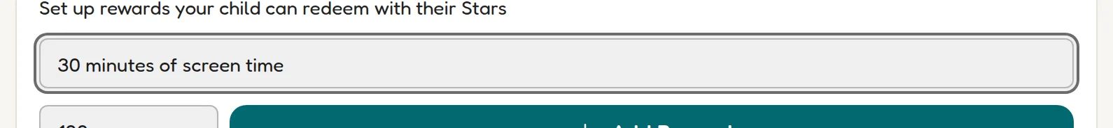 The reward name field filled in with 30 minutes of screen time