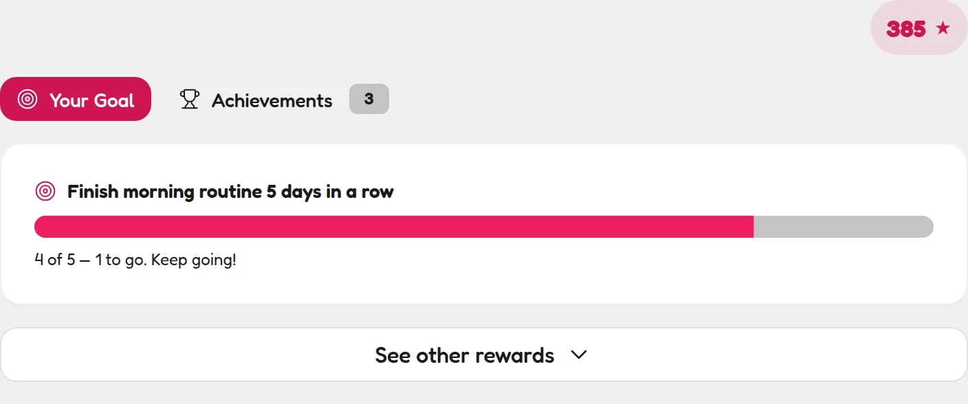 The child Rewards tab opening on the Your Goal progress bar with the Stars balance in a pill at the top