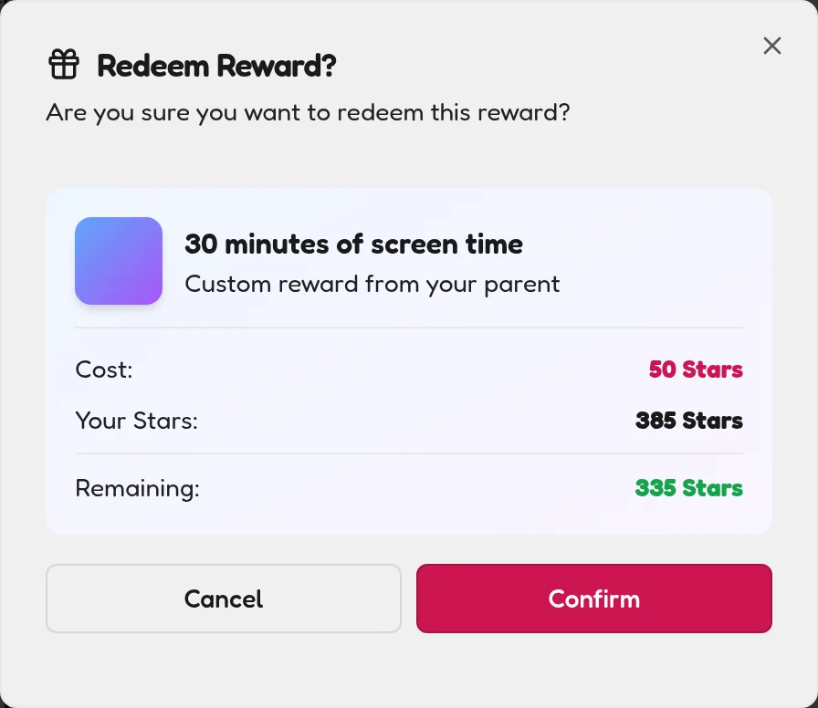 The redemption confirmation after tapping Redeem on a reward