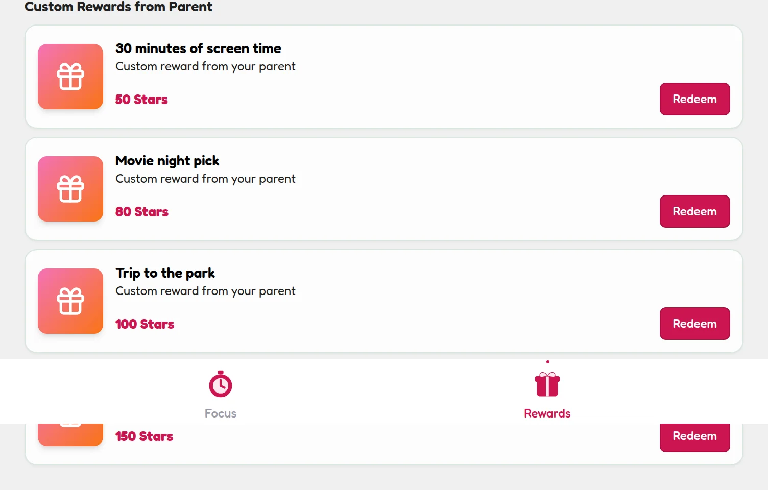 The Rewards Shop showing rewards with their Stars prices, including the Custom Rewards from Parent section