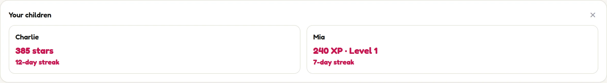 The Your children cards on the Insights tab showing each child's Stars and streak at a glance