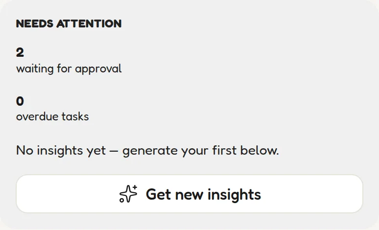 The Needs Attention panel showing counts of approvals waiting and overdue tasks