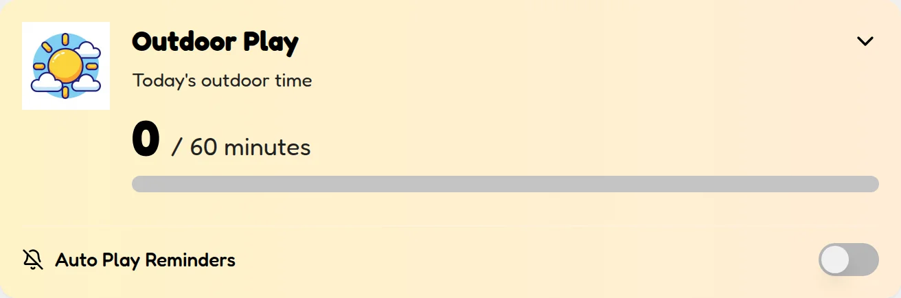 The Outdoor Play tracker card showing minutes logged toward the 60-minute goal