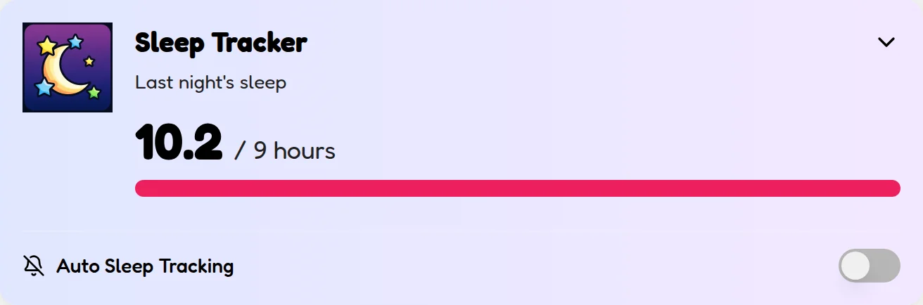 The Sleep Tracker card showing hours logged toward the 9-hour goal with a progress bar