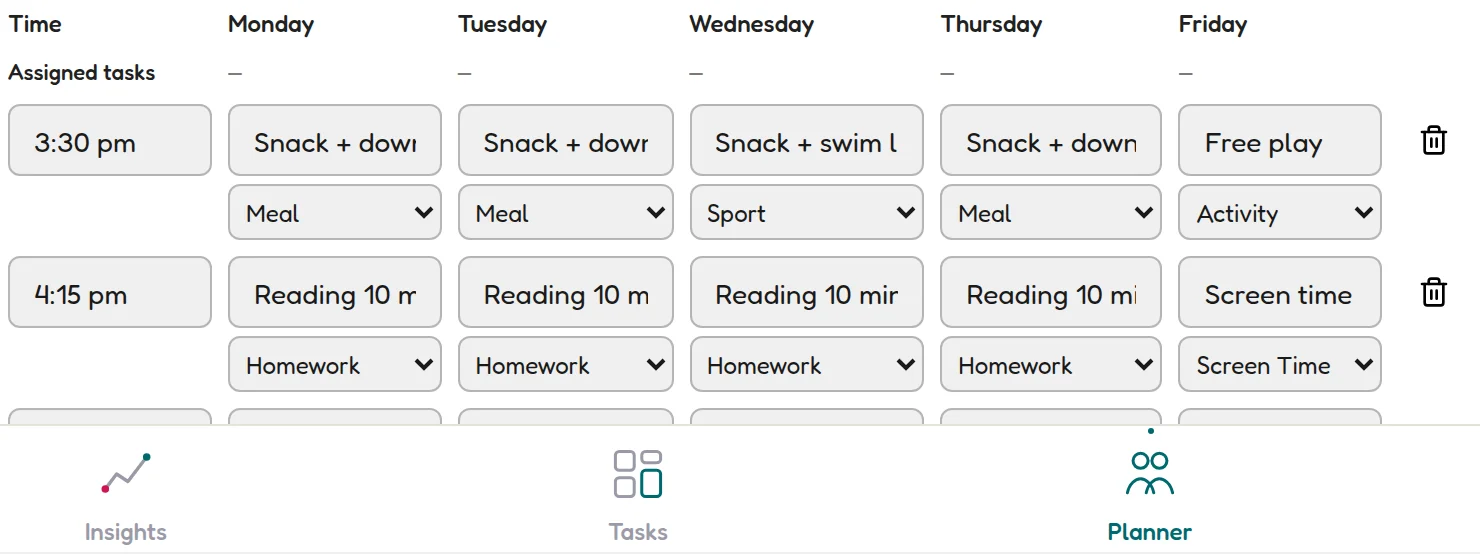 The Monday to Friday schedule grid in the Weekly Planner with time rows for the after-school hours