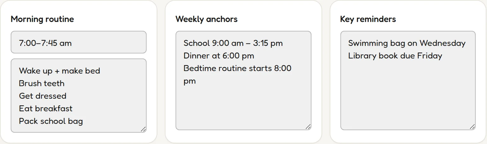 The morning routine section of the Weekly Planner with a time window and step rows