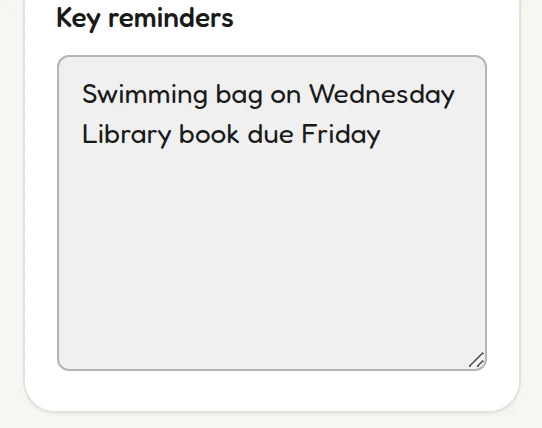 The key reminders field in the Weekly Planner