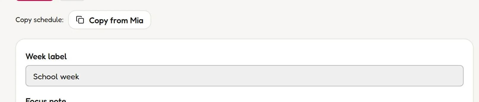 The week label field and Copy schedule dropdown at the top of the Weekly Planner