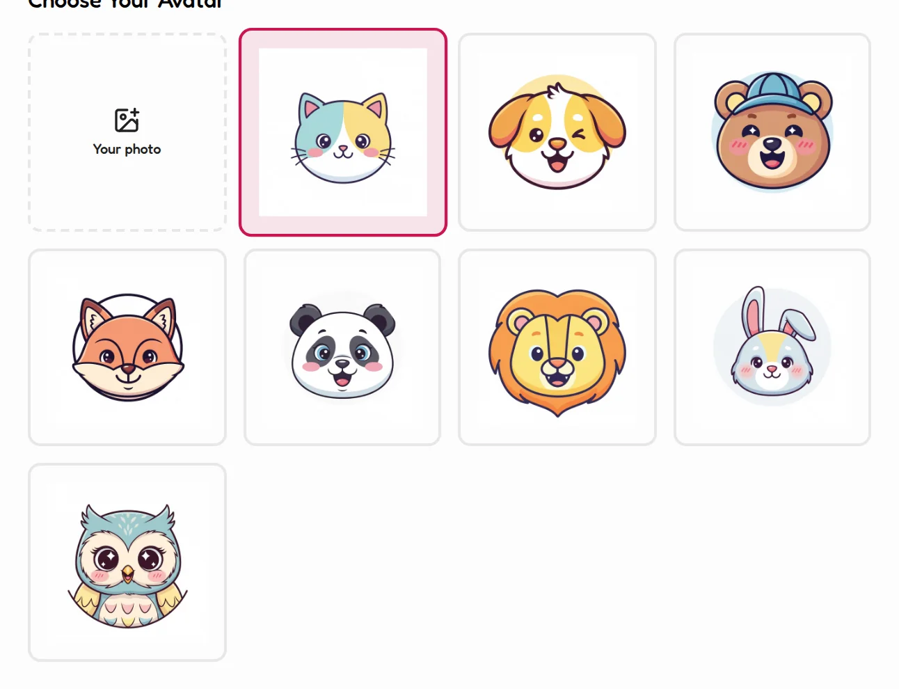 The avatar picker with eight animal avatars and the Your photo upload option, the selected avatar ringed in pink