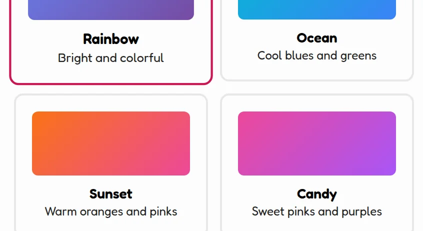 The Color Theme picker with Rainbow, Ocean, Forest, Sunset and Candy swatches