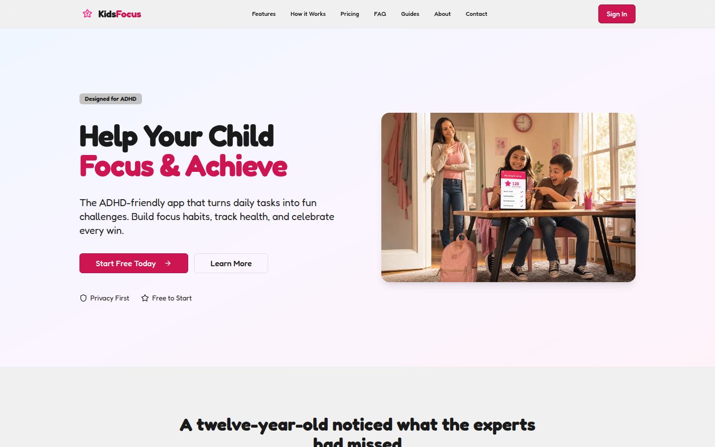 KidsFocus homepage showing the pink Start Free Today button