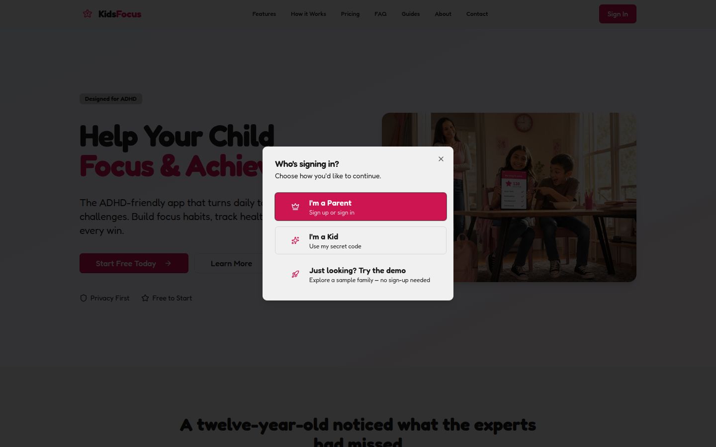 KidsFocus sign-in chooser with the I'm a Parent option highlighted in pink